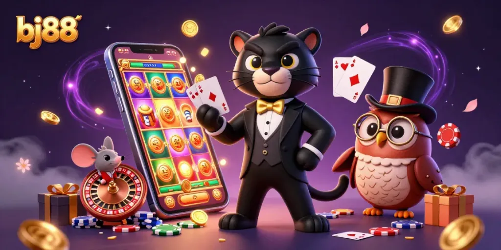 Experience exciting gambling adventures with bj88 through a vibrant 3D illustration of a tuxedoed panther, owl holding chips, and a lucky mouse.