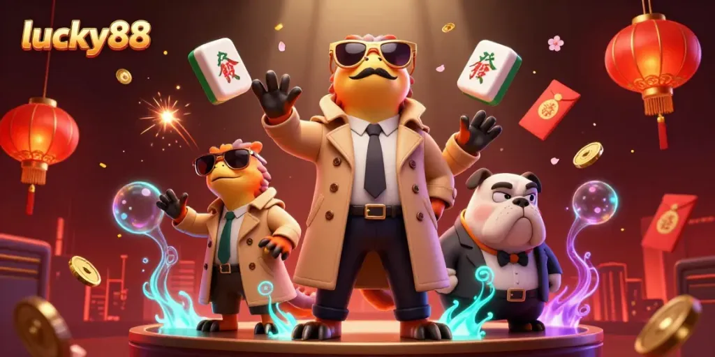 Enjoy the lively scene of lucky88 with cartoon raptors entering a VIP casino lounge alongside vibrant decor.