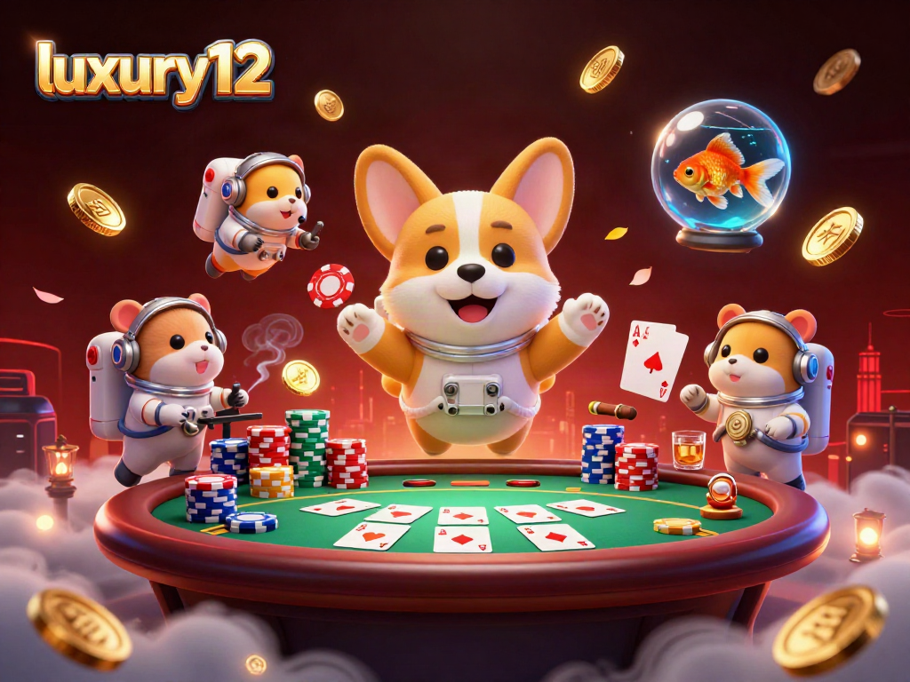 Engage with luxury12 as the astronaut corgi experiences zero gravity in a vibrant casino scene.