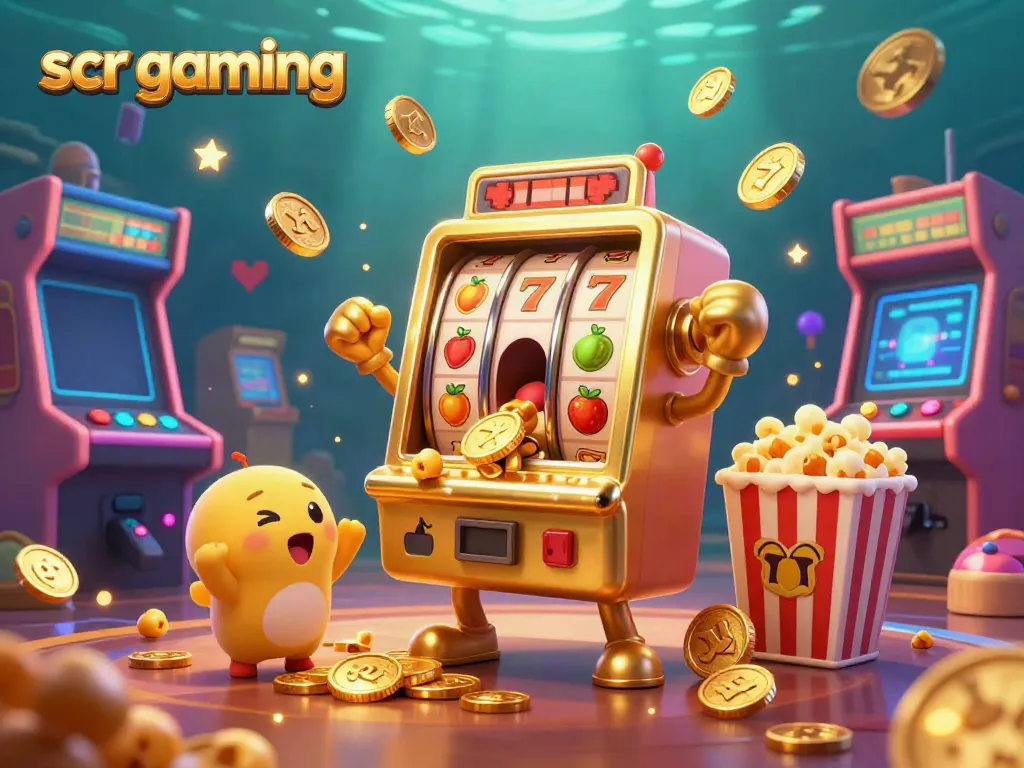 Celebrate with scr gaming as animated slot machines hit jackpots and coins cascade amid a vibrant casino scene.