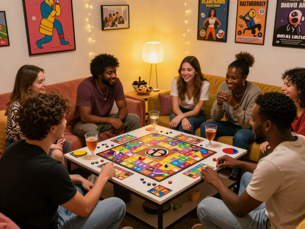 Group of friends enjoying sex games in a lively game room with drinks and snacks.